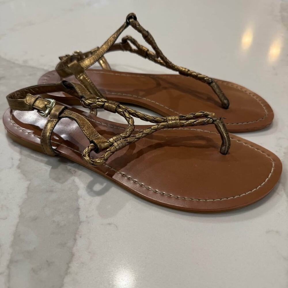 Lauren Ralph Lauren Leather Braided Slingback Thong Sandals Women's 7.5B Gold